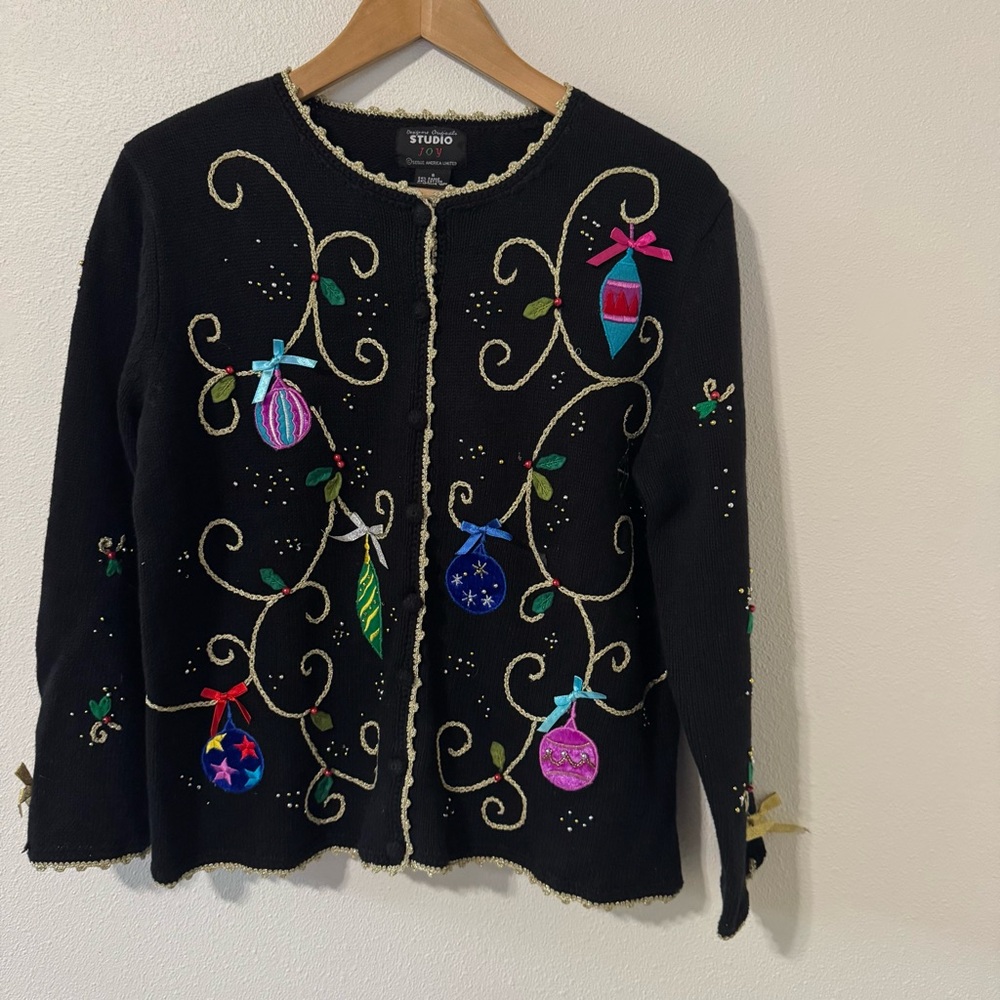 Vintage Studio Joy Embroidered Beaded Christmas Sweater Black Metallic Gold-S
